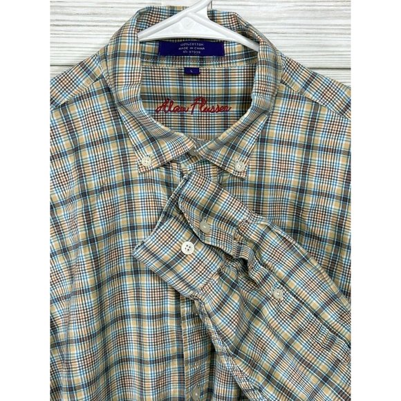 Alan Flusser‎ Men's Beige/ Blue Plaid Button-Down Long Slv. Pocket Shirt Lg. - Picture 1 of 7